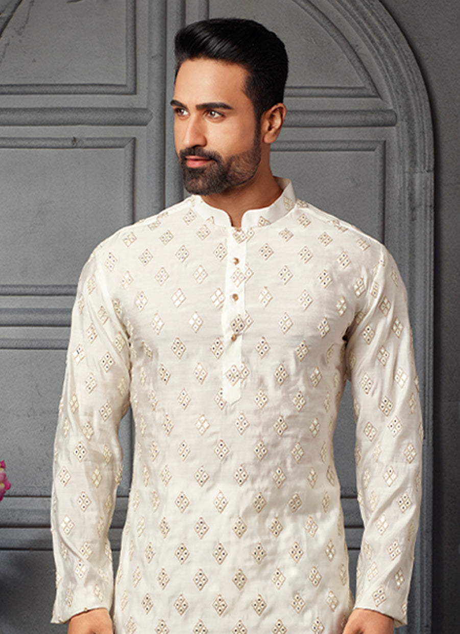 Radiant White Silk Kurta with Embroidered and Mirror Work