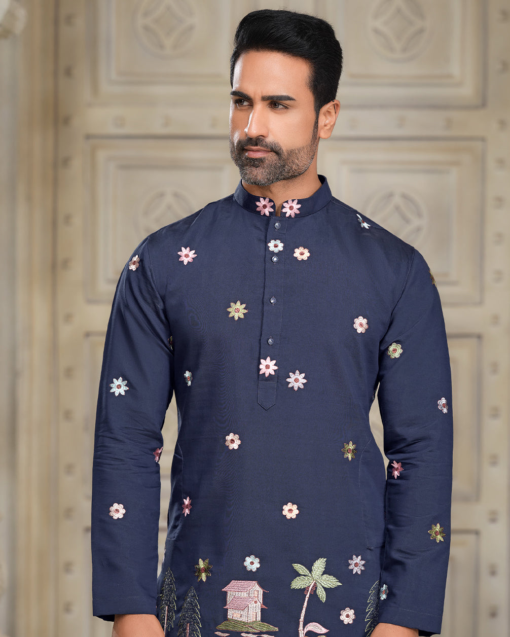Navy Blue Embroidered Silk Kurta with Floral and Nature-Inspired Motifs