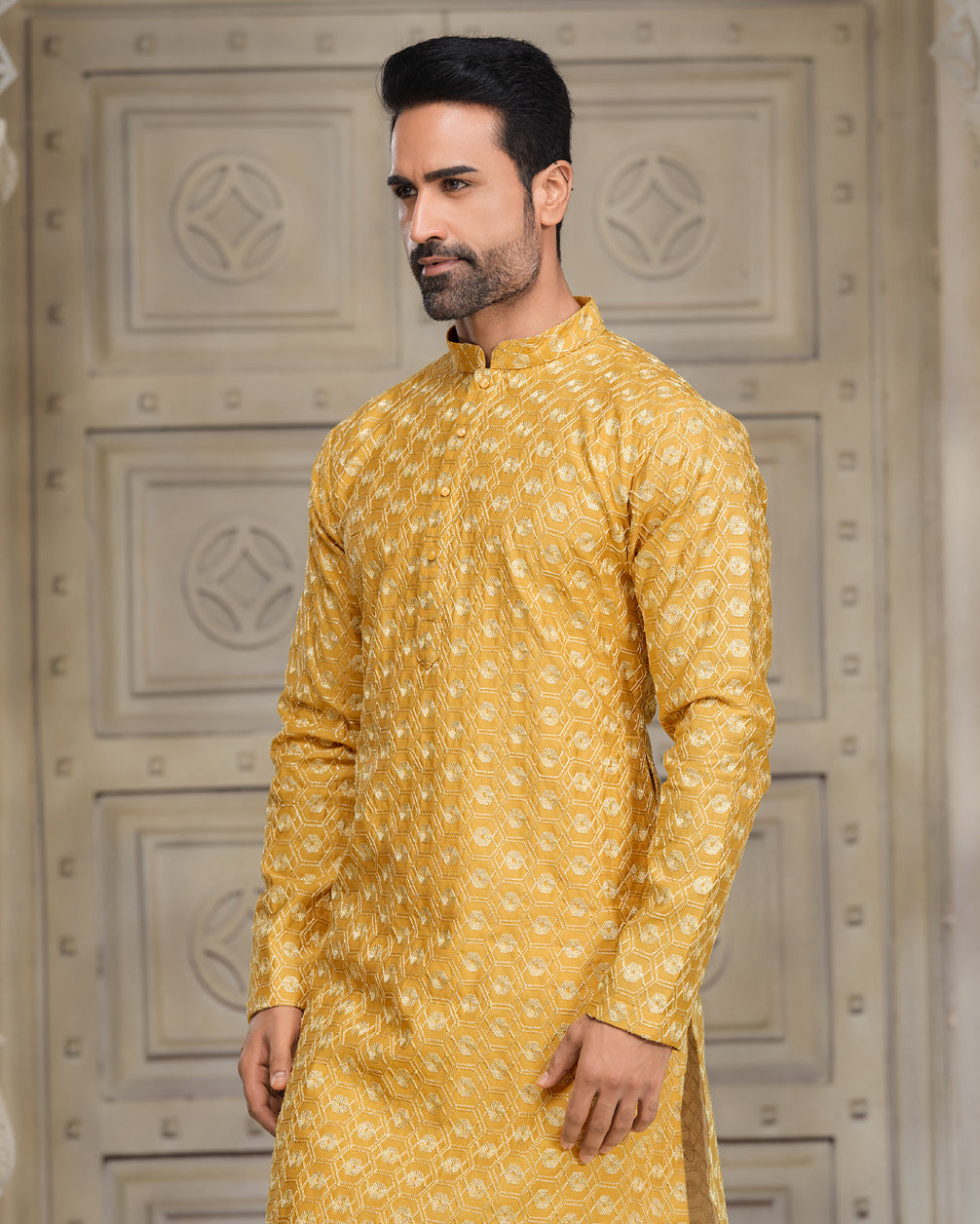 Golden Yellow Ikat-Patterned Silk Kurta