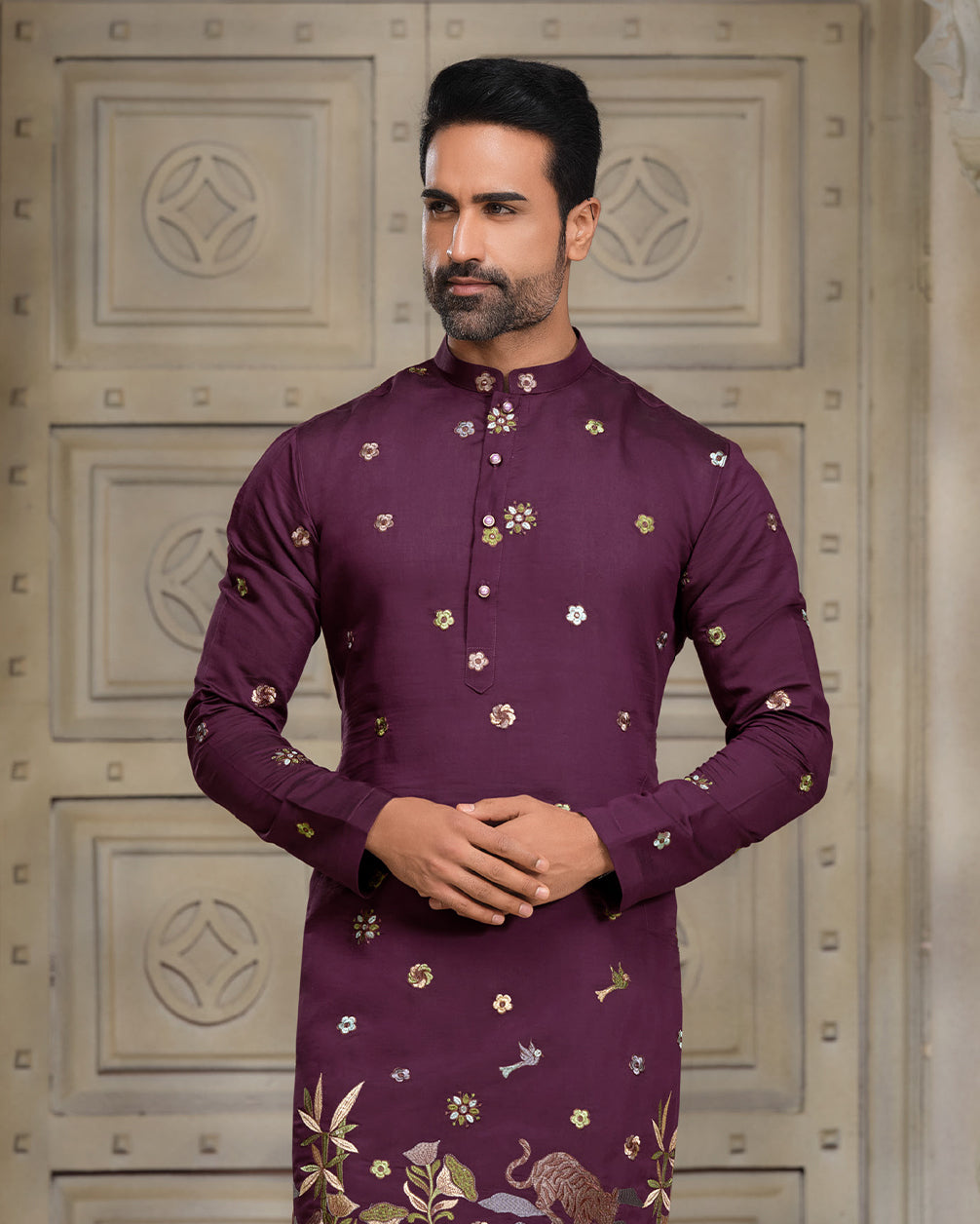 Dark Wine Silk Kurta with Intricate Motif Embroidery