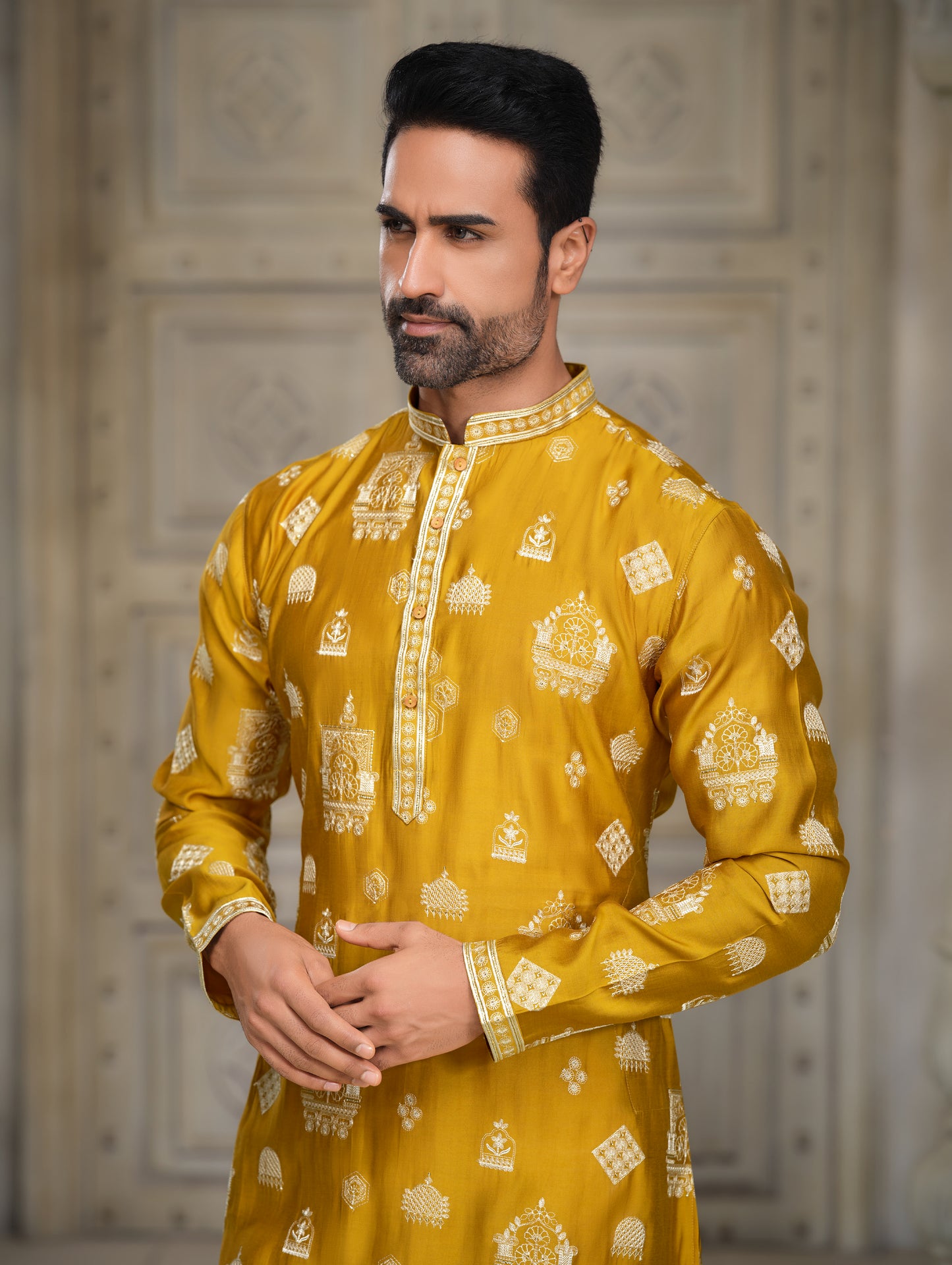 Gamboge Silk Kurta with Intricate Embroidery and Regal Appeal