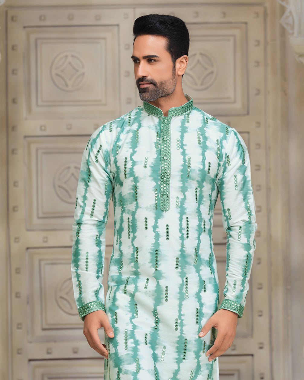 Mintage and Aqua Tint Silk Kurta with Embroidered Detailing