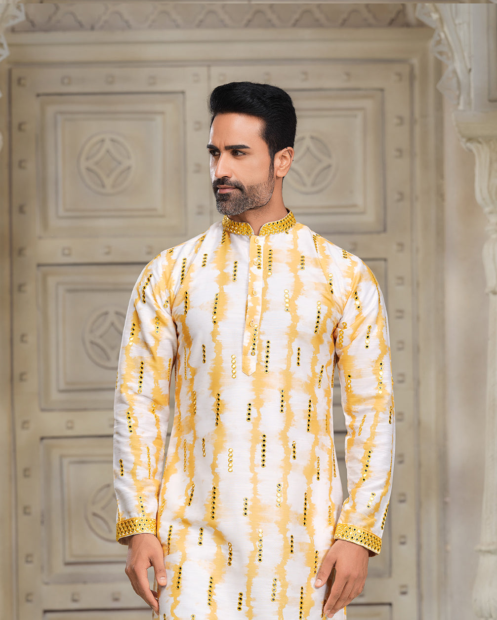 Sunlit Elegance - Soft Yellow & White Silk Kurta with Mirror Embroidery