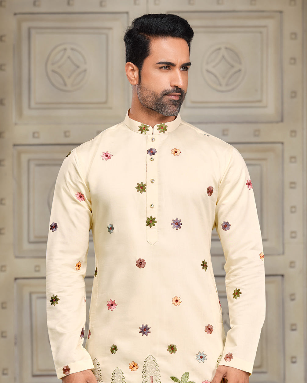 Moccasin Silk Kurta - Intricate Motif Embroidery