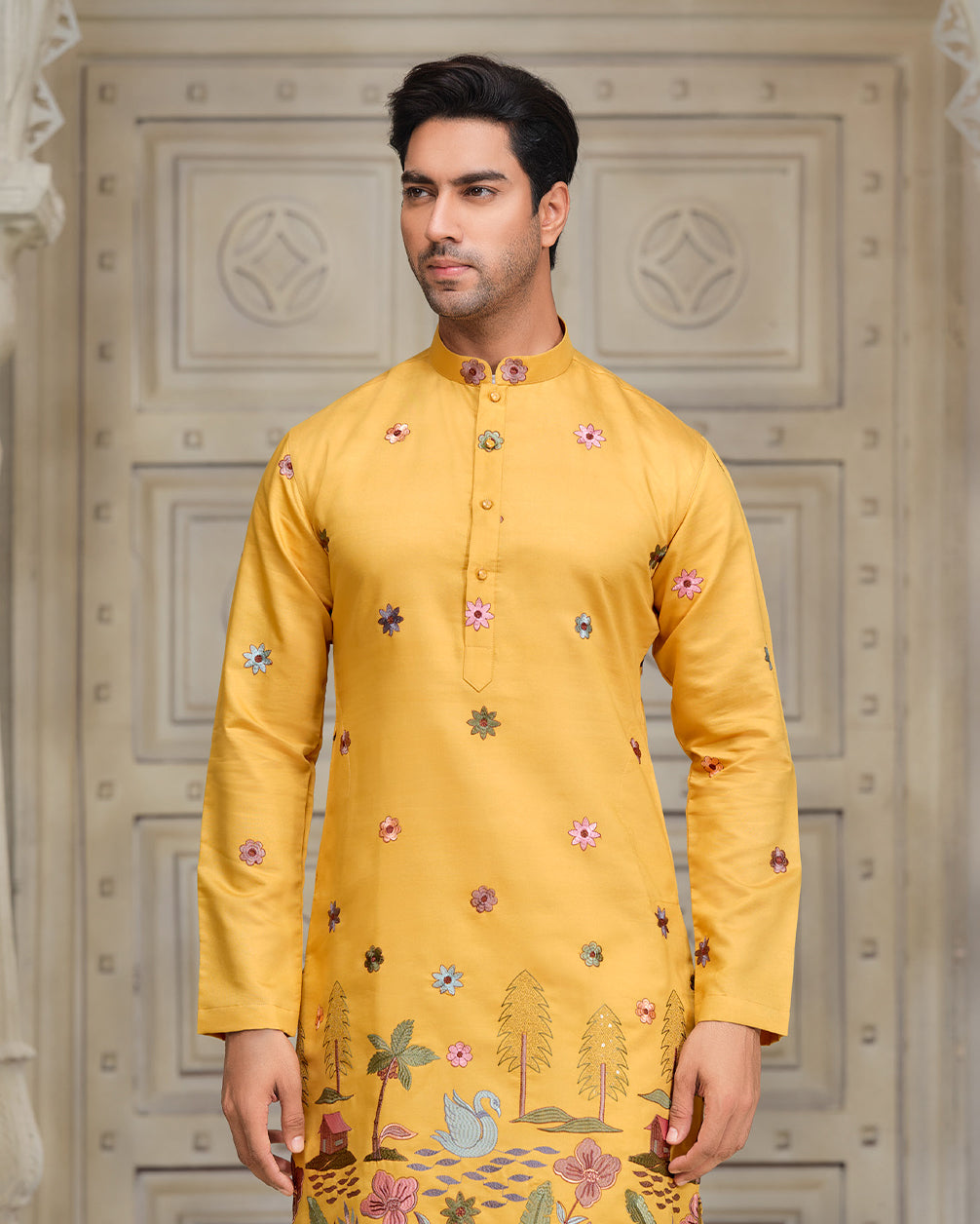 Yellow Currant Silk Kurta - Intricate Motifs Design