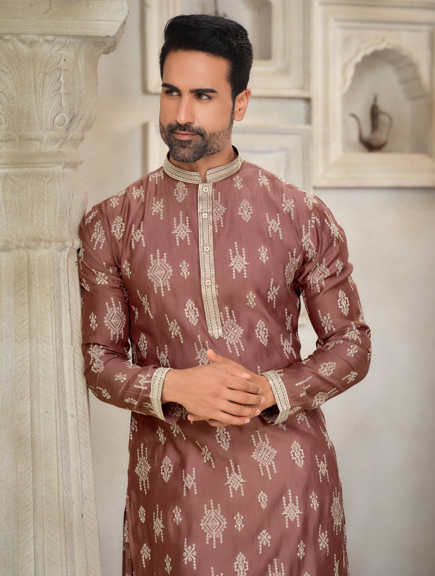 Withered Rose Silk Kurta with Intricate Embroidery