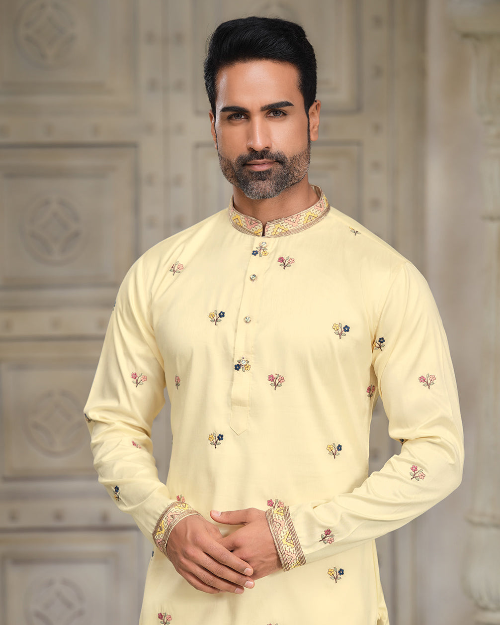 Royal Ivory Embroidered Silk Kurta with Intricate Motifs
