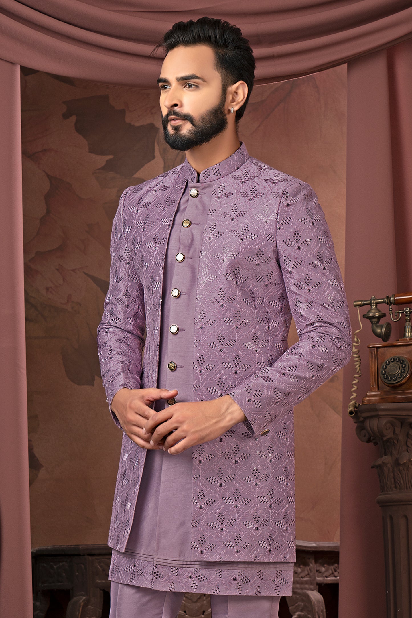 Purple Embroidered Open Indo-Western Kurta
