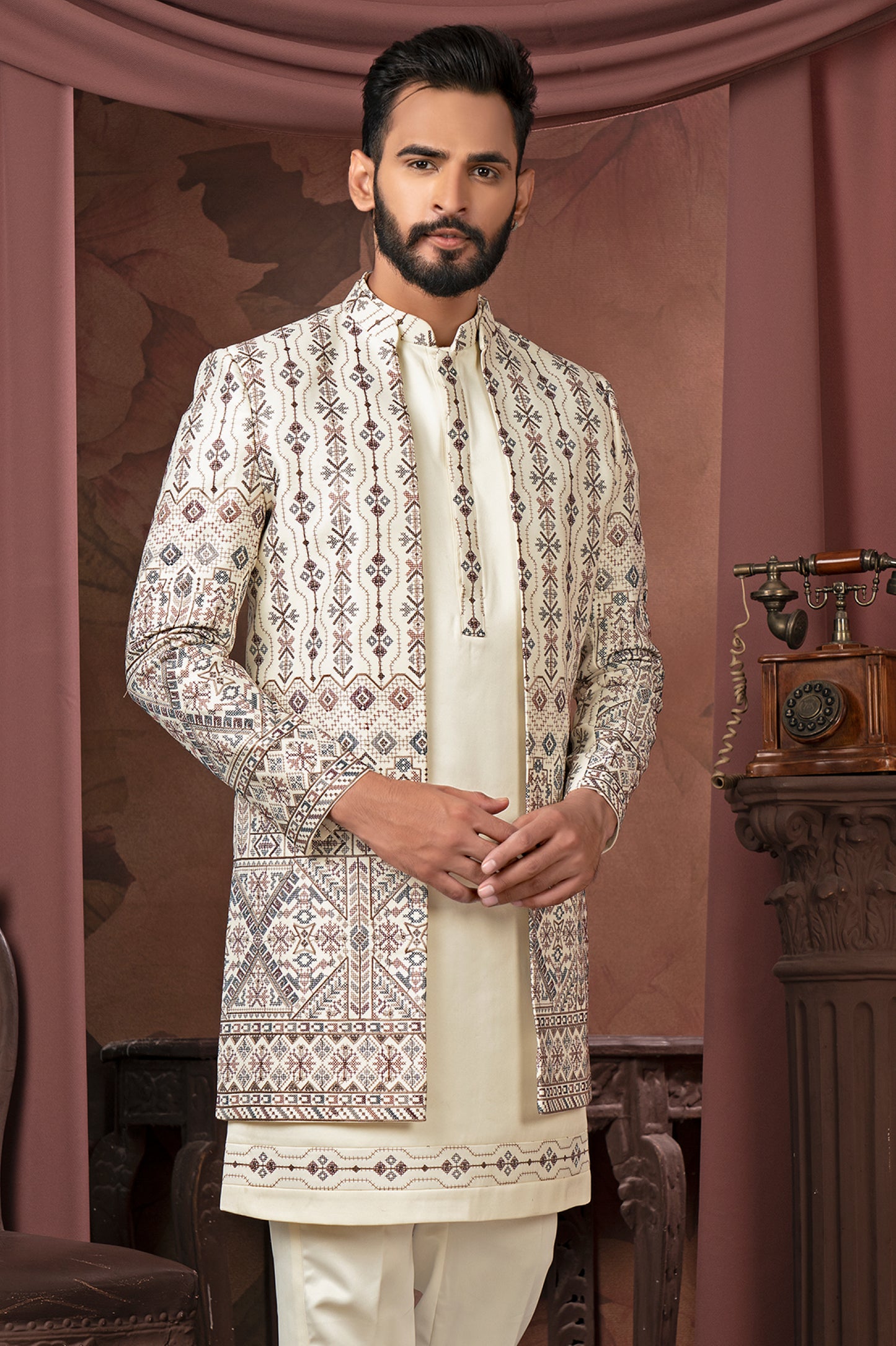 Ivory and Brown Embroidered Indo-Western Sherwani Set