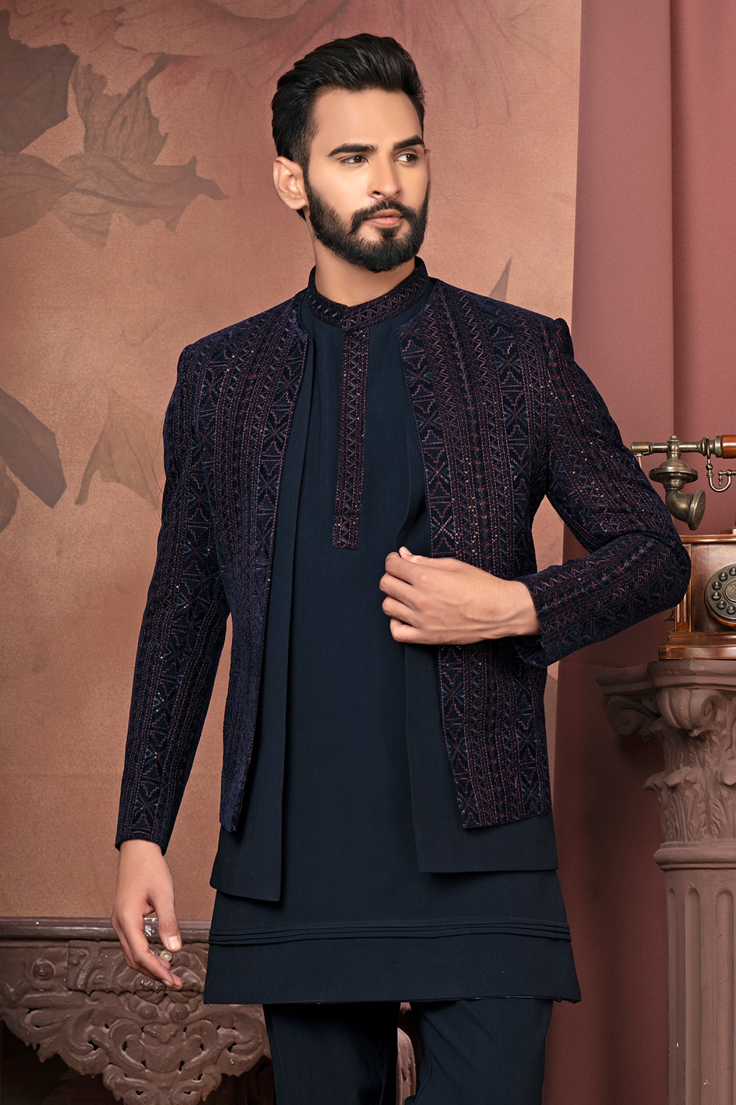 Navy Blue Indo-Western Open Jacket