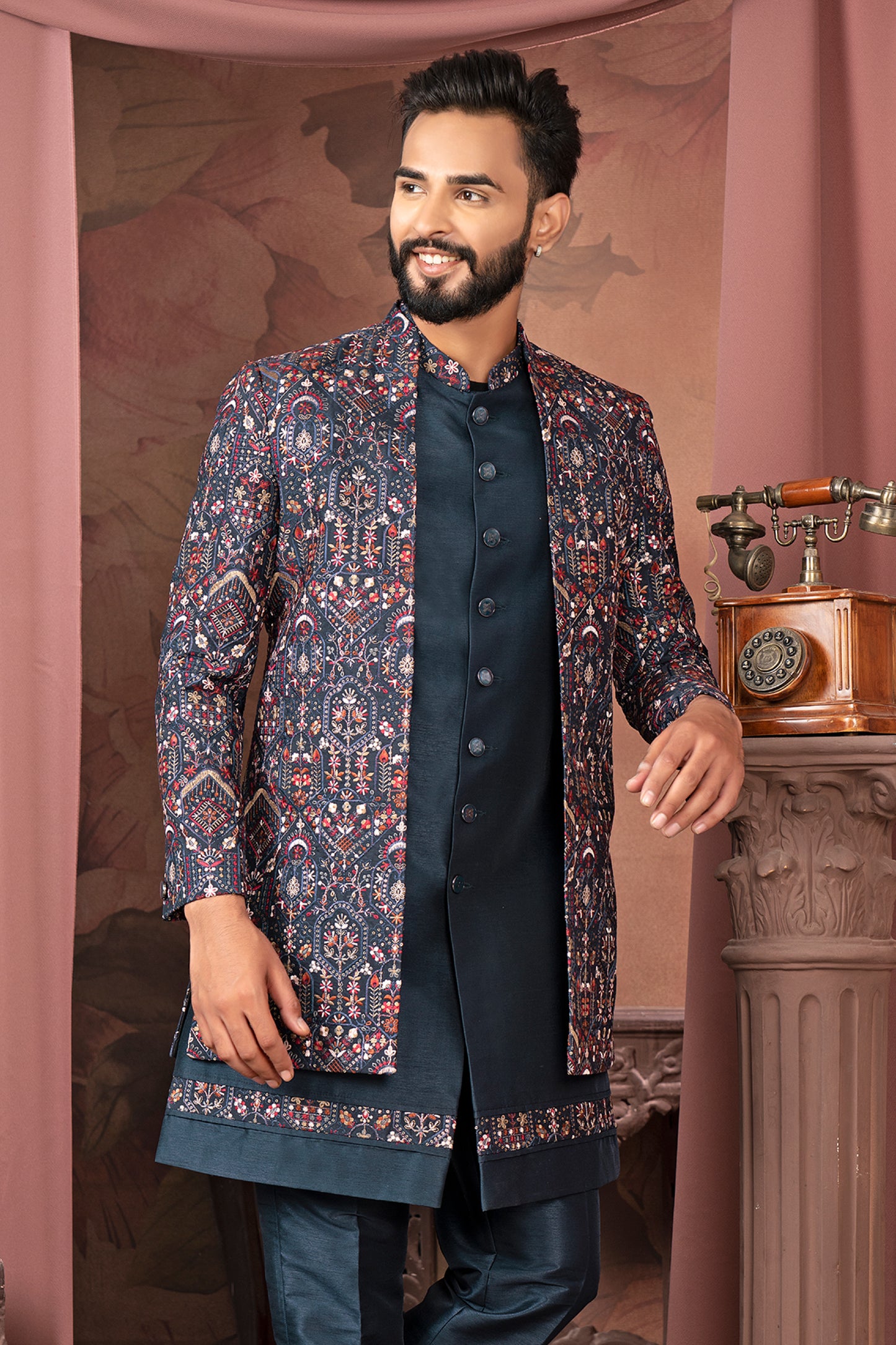 Midnight Navy Embroidered Open Indo-Western Jacket