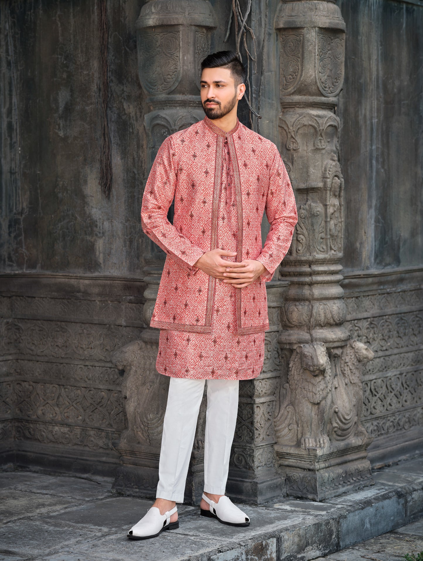 Regal Red Silk Koti Kurta Set with Exquisite Embroidery