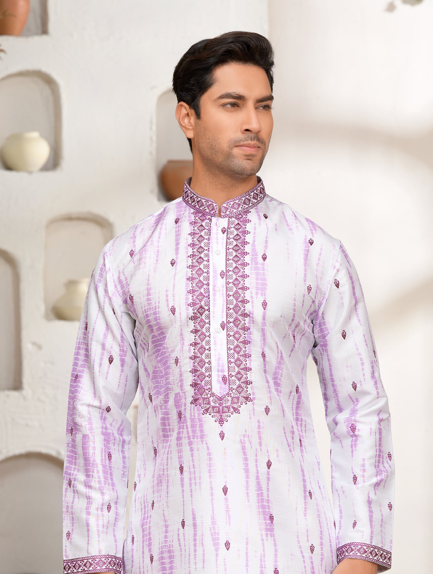 French Lilac Tie-Dye Embroidered Kurta Set