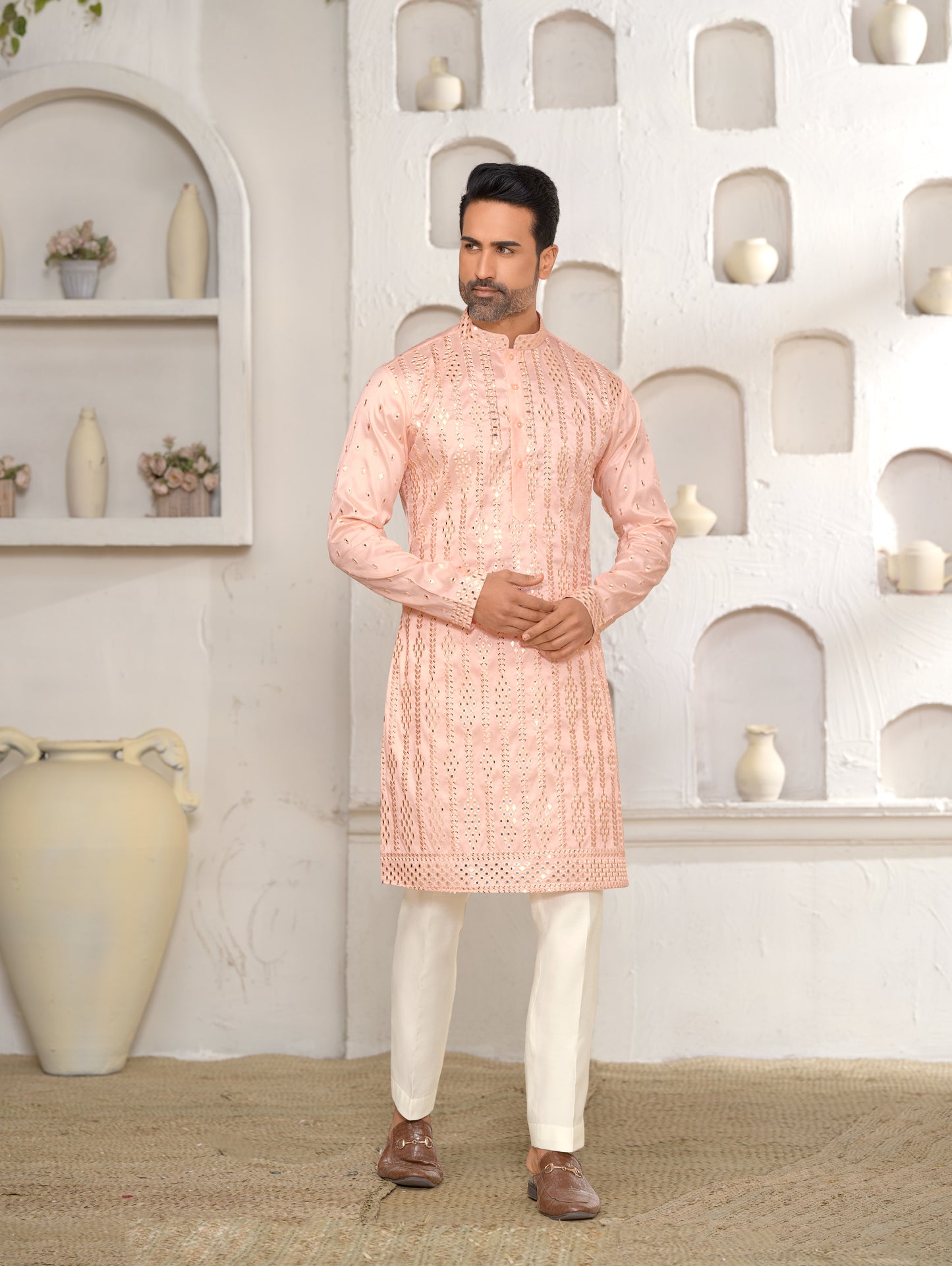Pale Peach Pink Mirror Work Kurta Set