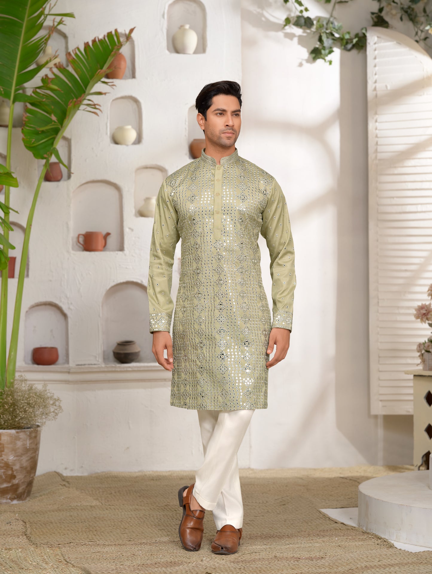 Wasabi Zing Silk Kurta Set with Mirror Work