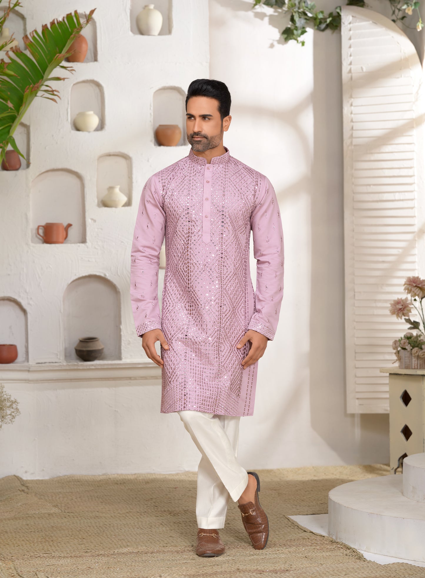 Purple Poodle Silk Kurta Set with Mirror Work