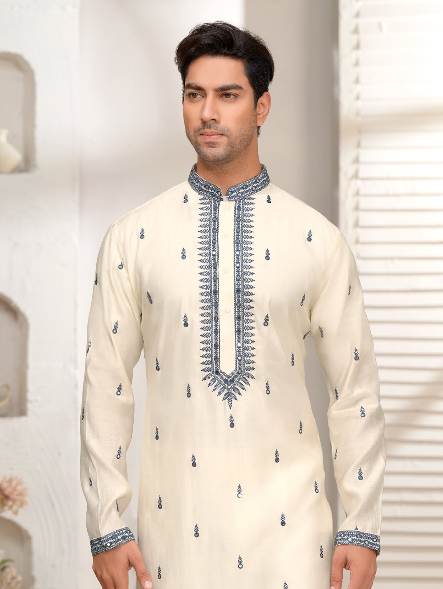 Ivory Silk Kurta Set with Soft Grey Mirror Embroidery