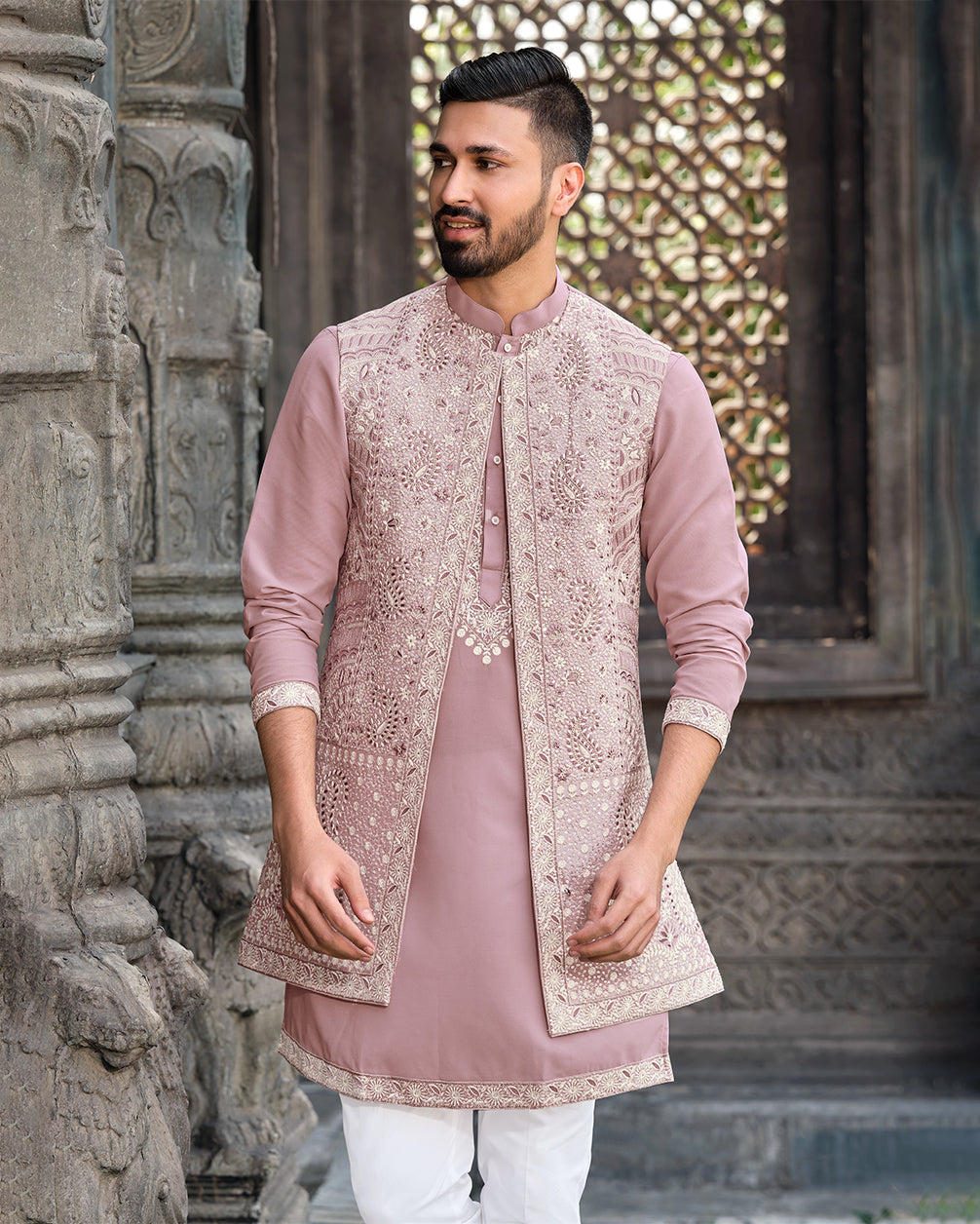 Luxurious Pink Silk Koti Kurta Set with Intricate Embroidery