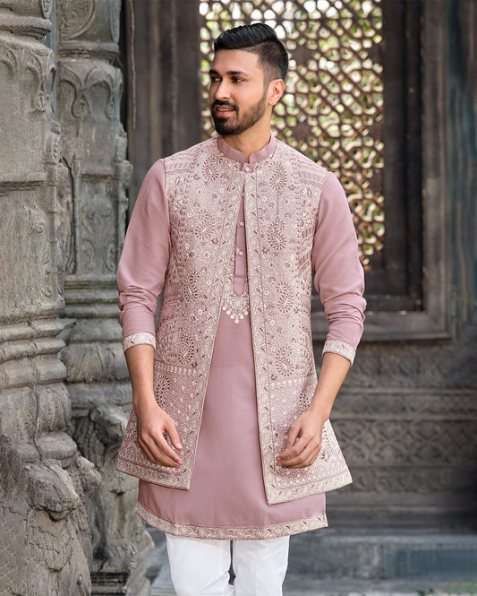 Luxurious Pink Silk Koti Kurta Set with Intricate Embroidery