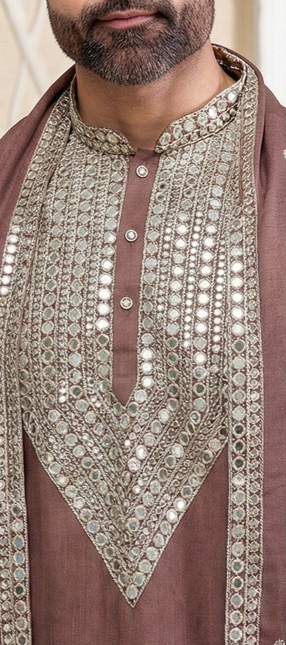 Regal Brown Kurta Set with Silver Work