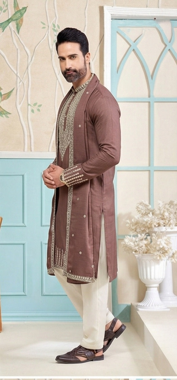Regal Brown Kurta Set with Silver Work