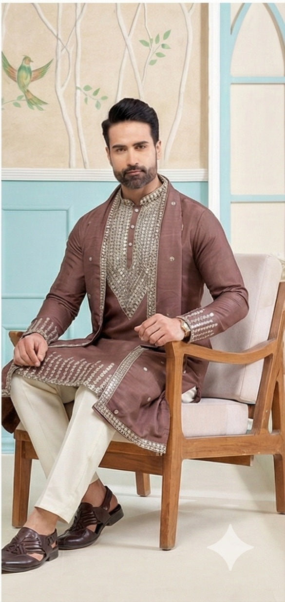 Regal Brown Kurta Set with Silver Work
