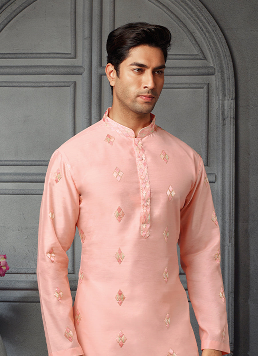 Elegant Pink Silk Kurta with Intricate Thread Work