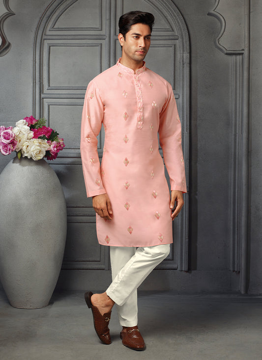 Elegant Pink Silk Kurta with Intricate Thread Work