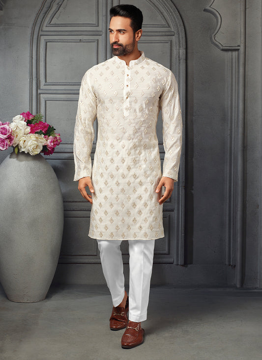 Radiant White Silk Kurta with Embroidered and Mirror Work