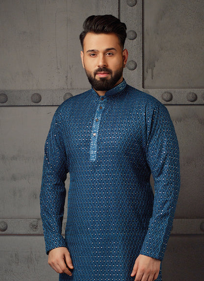 Royal Blue Silk Kurta with Exquisite Embroidered Work