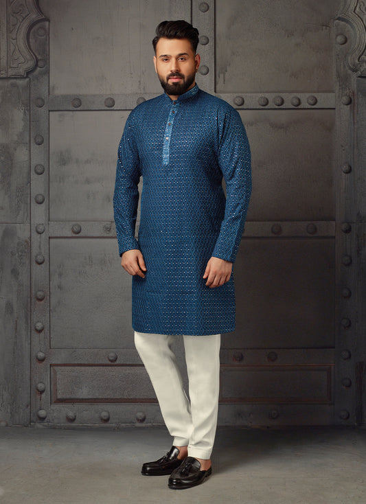 Royal Blue Silk Kurta with Exquisite Embroidered Work