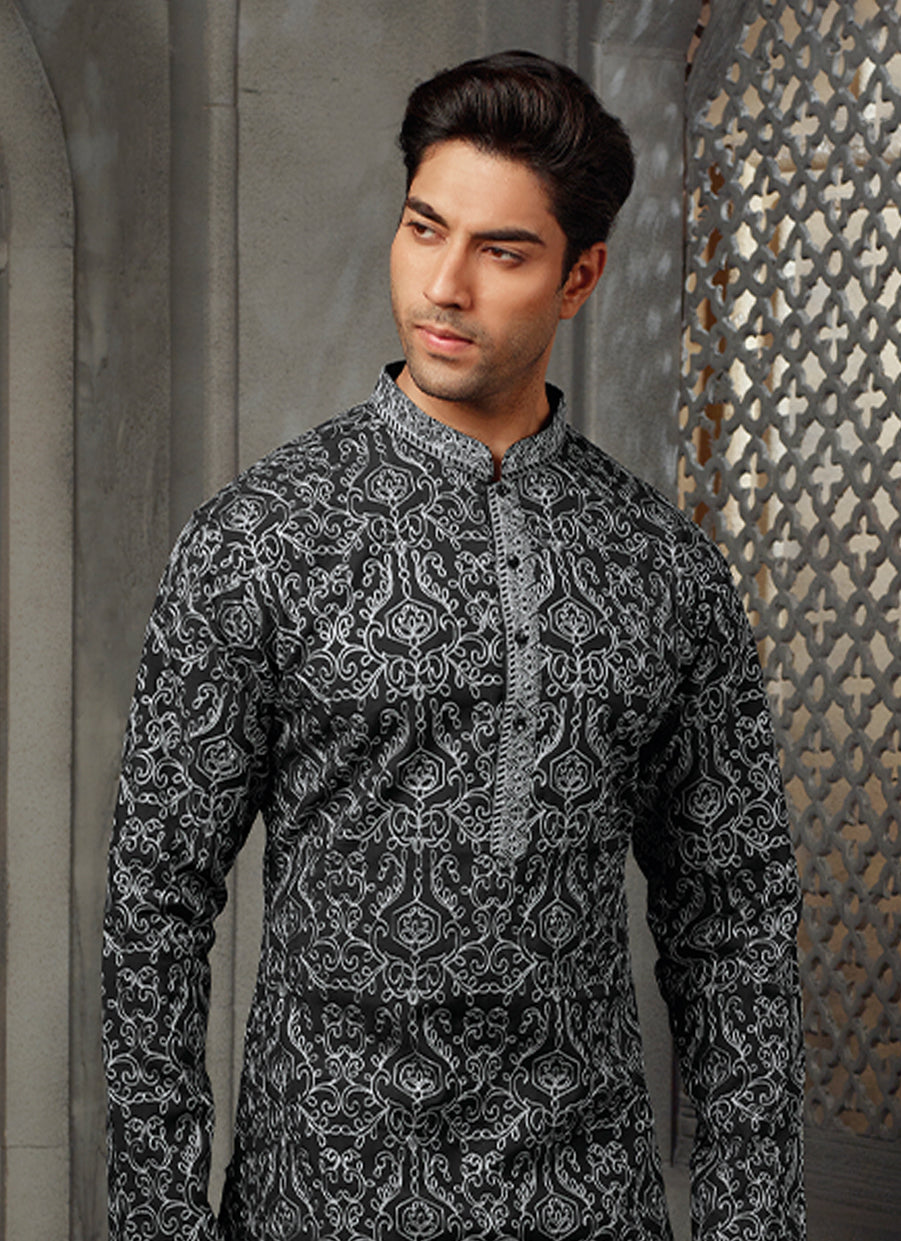 Elegant Black Silk Kurta with Lakhnavi Embroidery