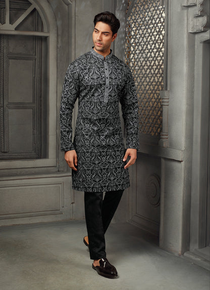 Elegant Black Silk Kurta with Lakhnavi Embroidery