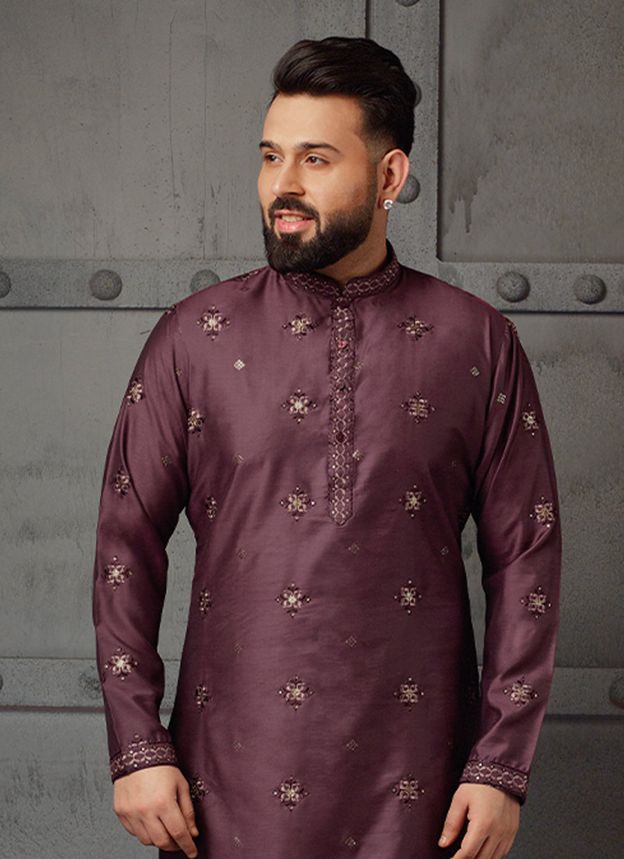 Opulent Dark Purple Silk Kurta with Exquisite Embroidered Work