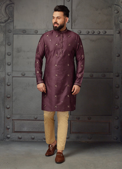 Opulent Dark Purple Silk Kurta with Exquisite Embroidered Work