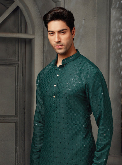 Dark Green Silk Kurta with Exquisite Embroidered Work