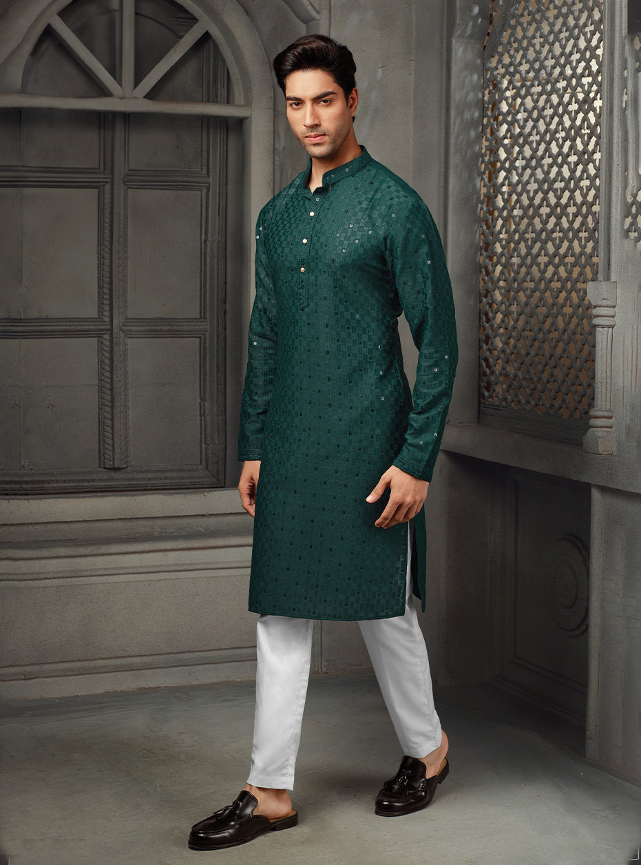 Dark Green Silk Kurta with Exquisite Embroidered Work