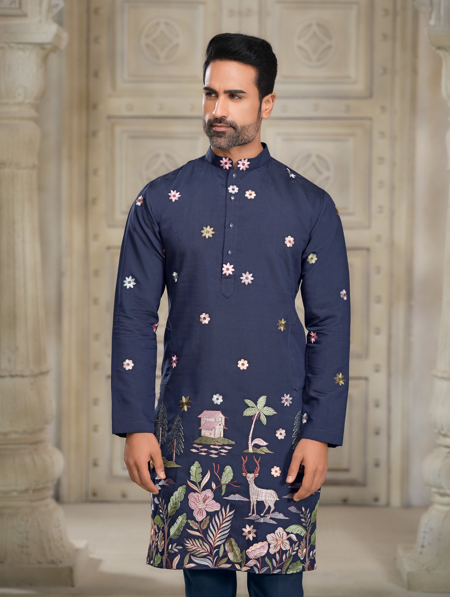 Navy Blue Embroidered Silk Kurta with Floral and Nature-Inspired Motifs