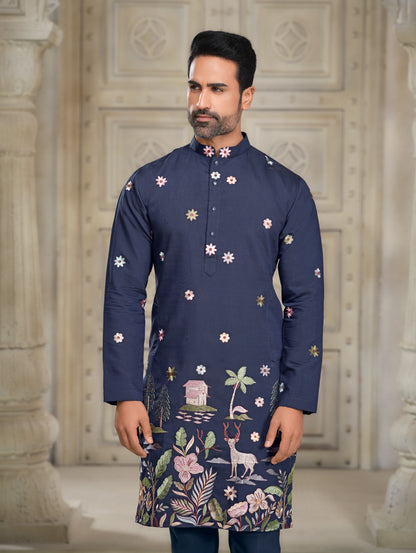 Navy Blue Embroidered Silk Kurta with Floral and Nature-Inspired Motifs