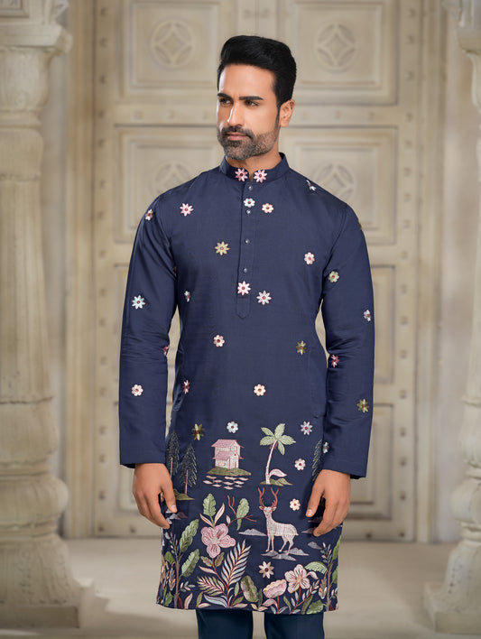 Navy Blue Embroidered Silk Kurta with Floral and Nature-Inspired Motifs
