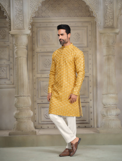 Golden Yellow Ikat-Patterned Silk Kurta