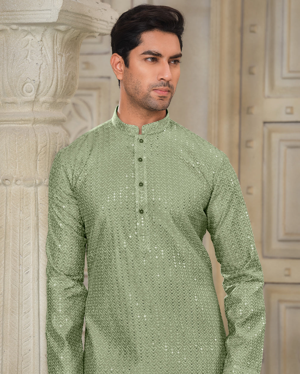 Renkon Beige Embroidered Silk Kurta with Artistic Detailing