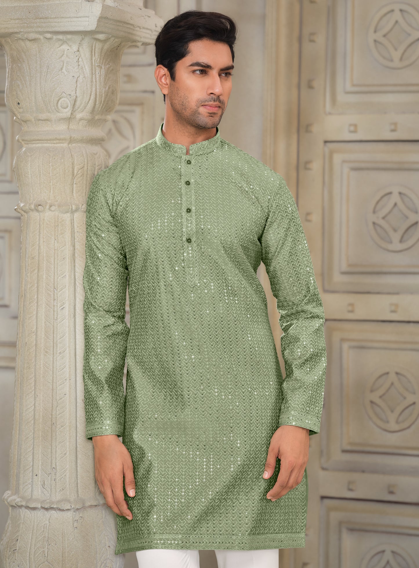 Renkon Beige Embroidered Silk Kurta with Artistic Detailing