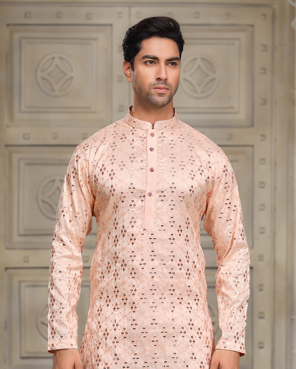 Blush Peach Laser-Cut Silk Kurta