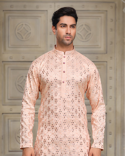 Blush Peach Laser-Cut Silk Kurta