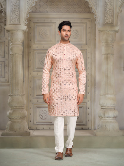 Blush Peach Laser-Cut Silk Kurta