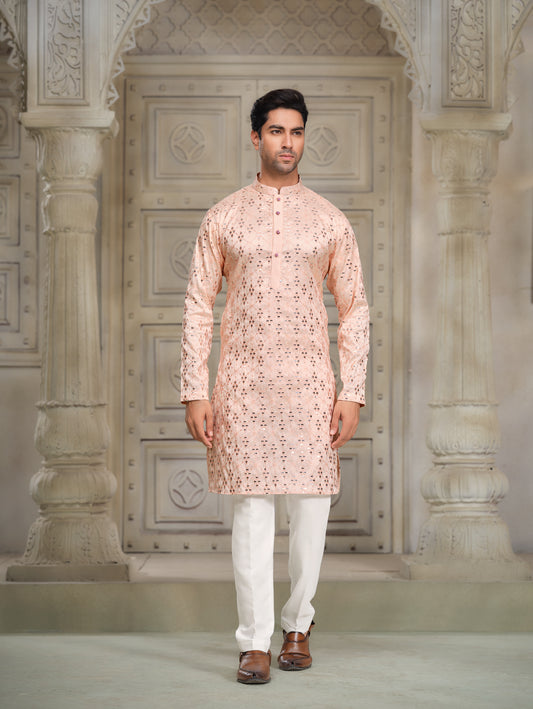 Blush Peach Laser-Cut Silk Kurta