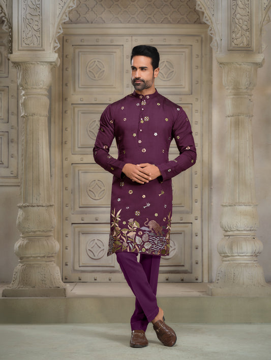 Dark Wine Silk Kurta with Intricate Motif Embroidery