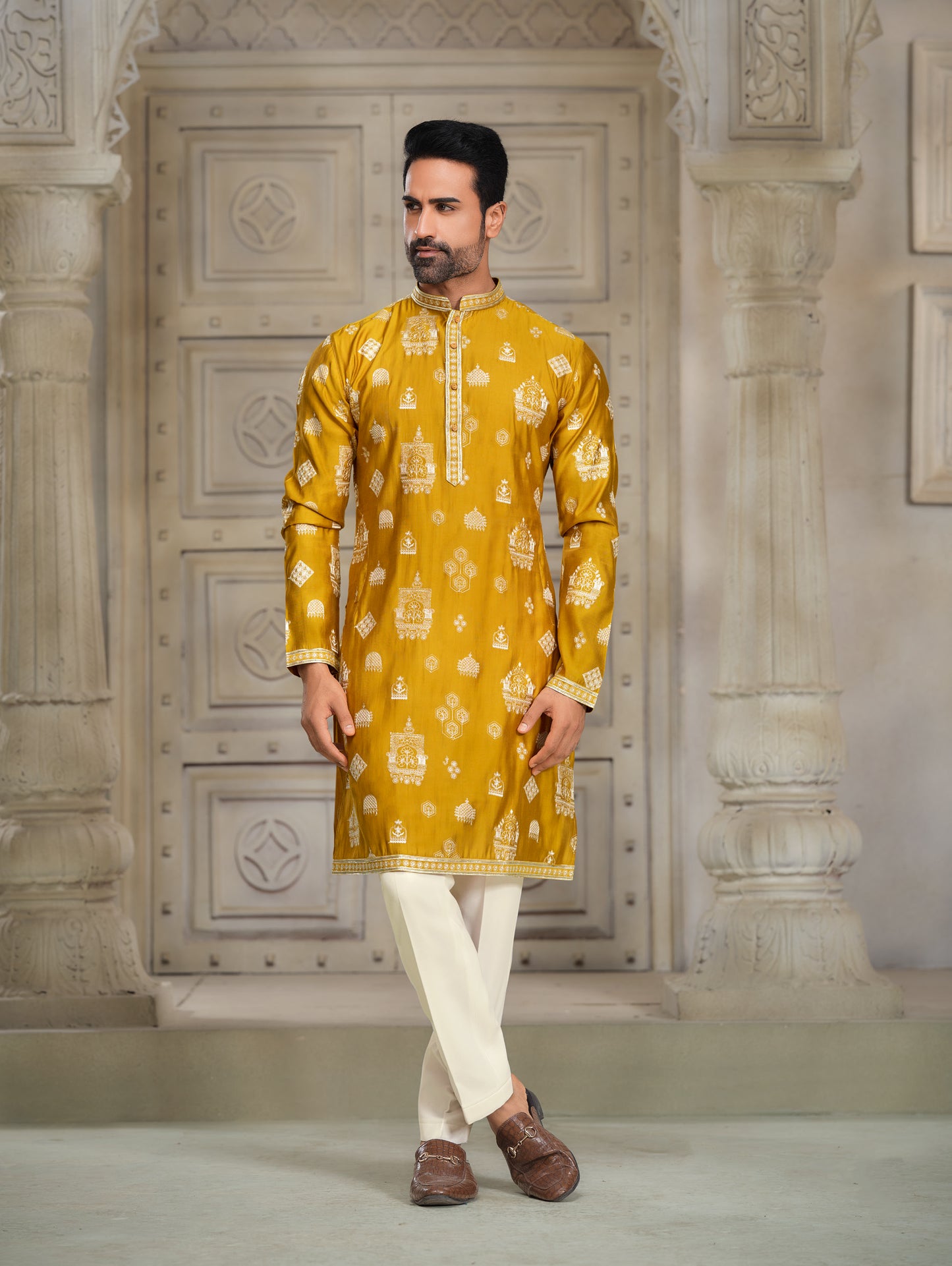 Gamboge Silk Kurta with Intricate Embroidery and Regal Appeal
