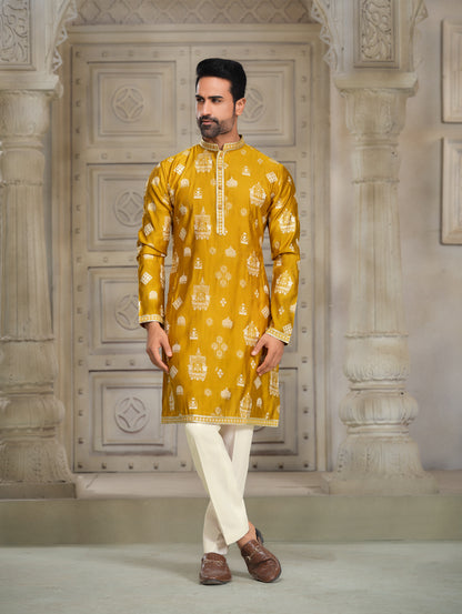 Gamboge Silk Kurta with Intricate Embroidery and Regal Appeal